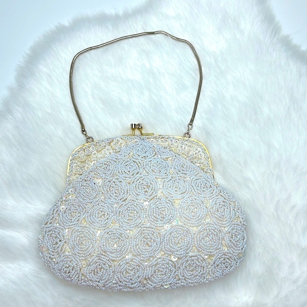 Mid Century Vintage Beaded Sequin Kisslock Evening Handbag Snake Chain Purse - Picture 10 of 16
